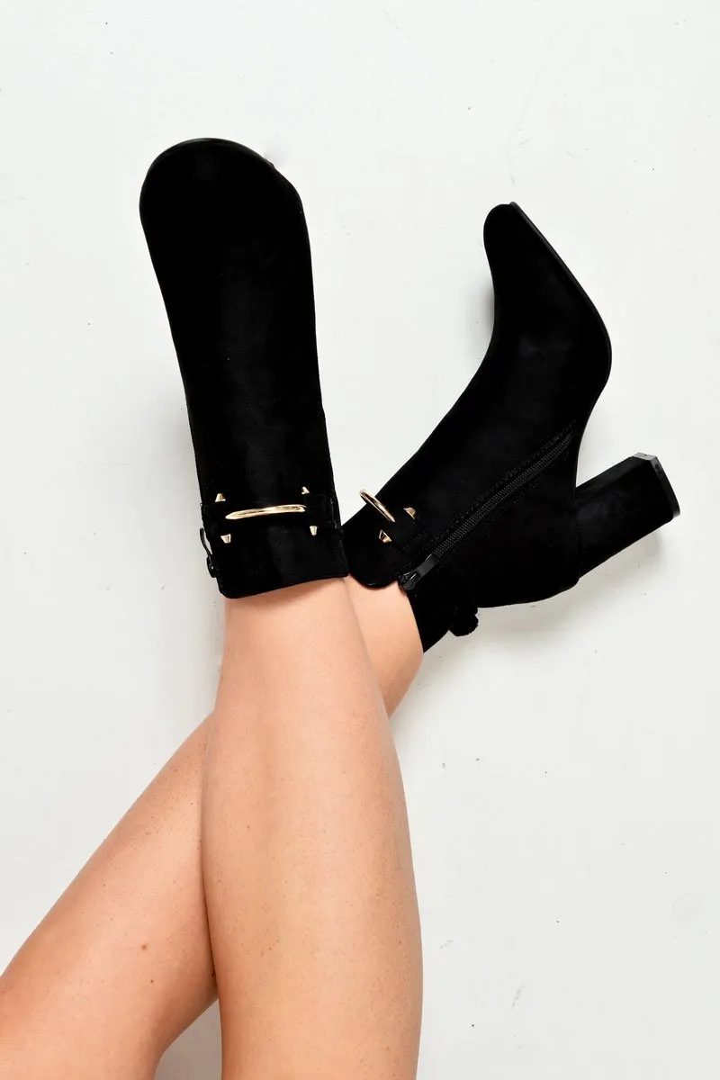 Black Faux Suede Gold Buckle Detail Ankle Boots - Jynelle