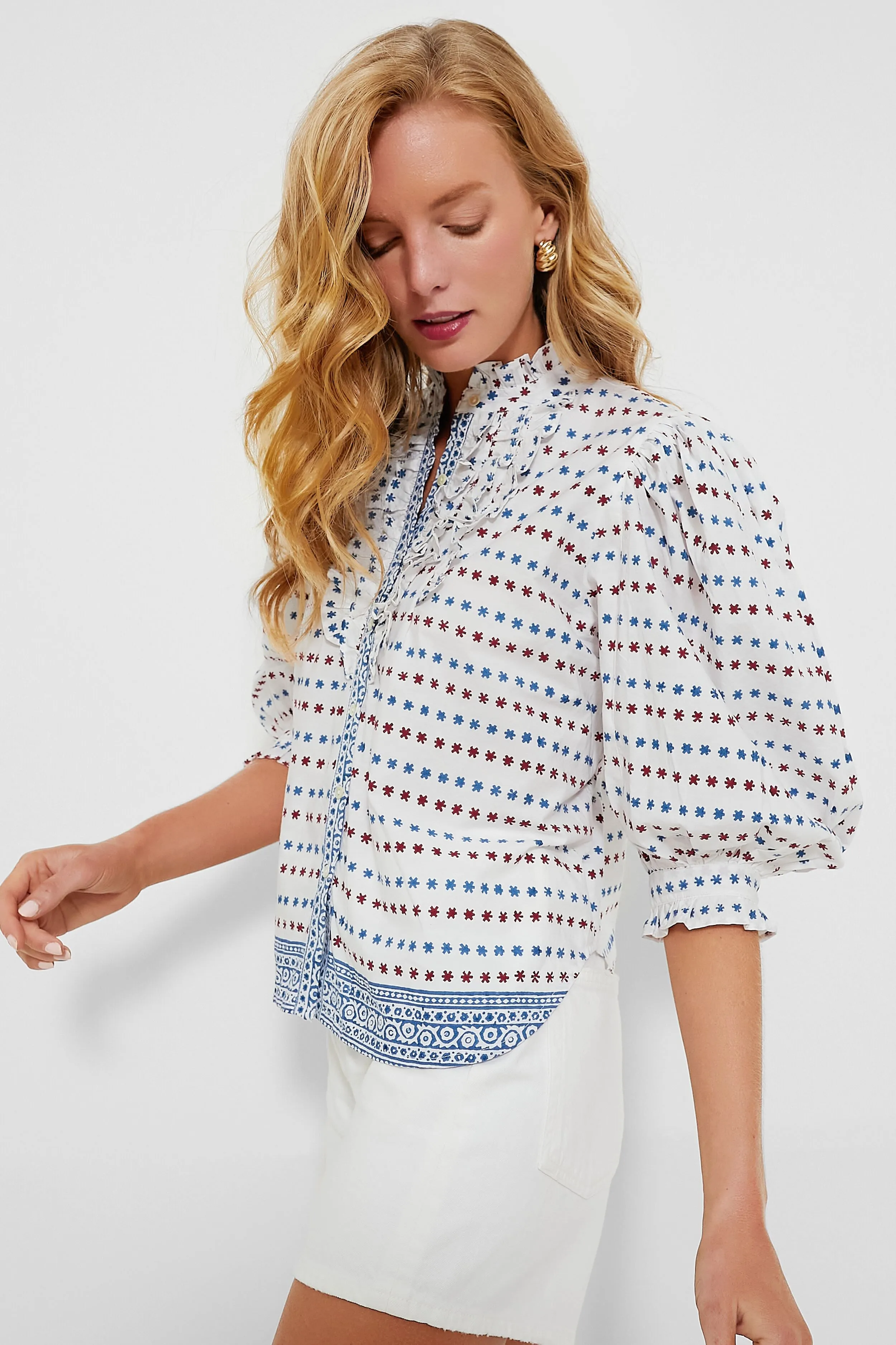 Ellis Blue Ruffle Front Button Blouse