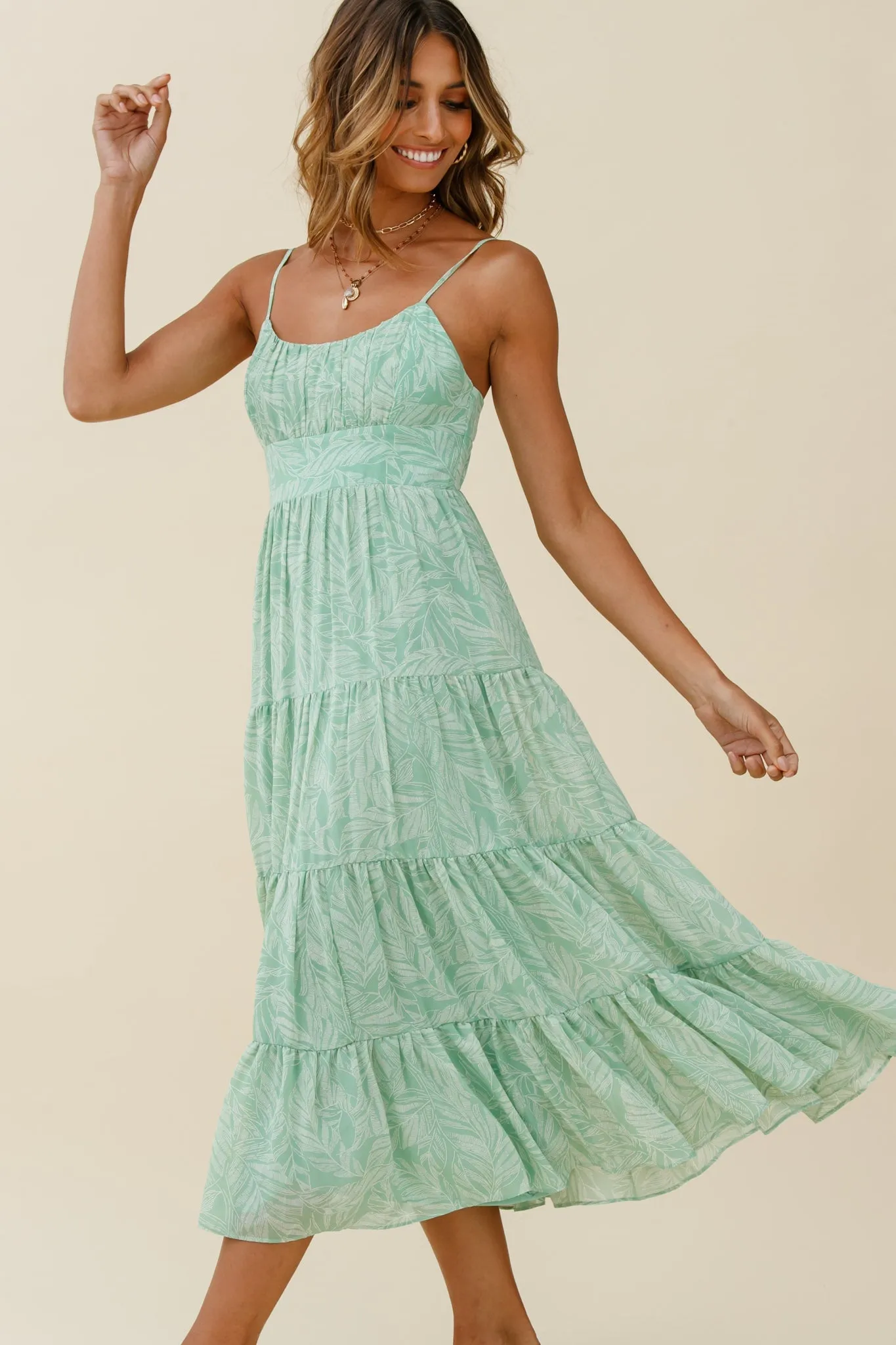 Eternal Sunshine Gathered Bust Maxi Dress Leaf Print Green