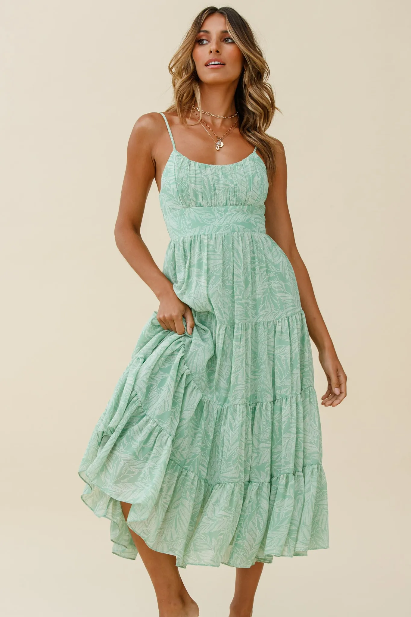 Eternal Sunshine Gathered Bust Maxi Dress Leaf Print Green