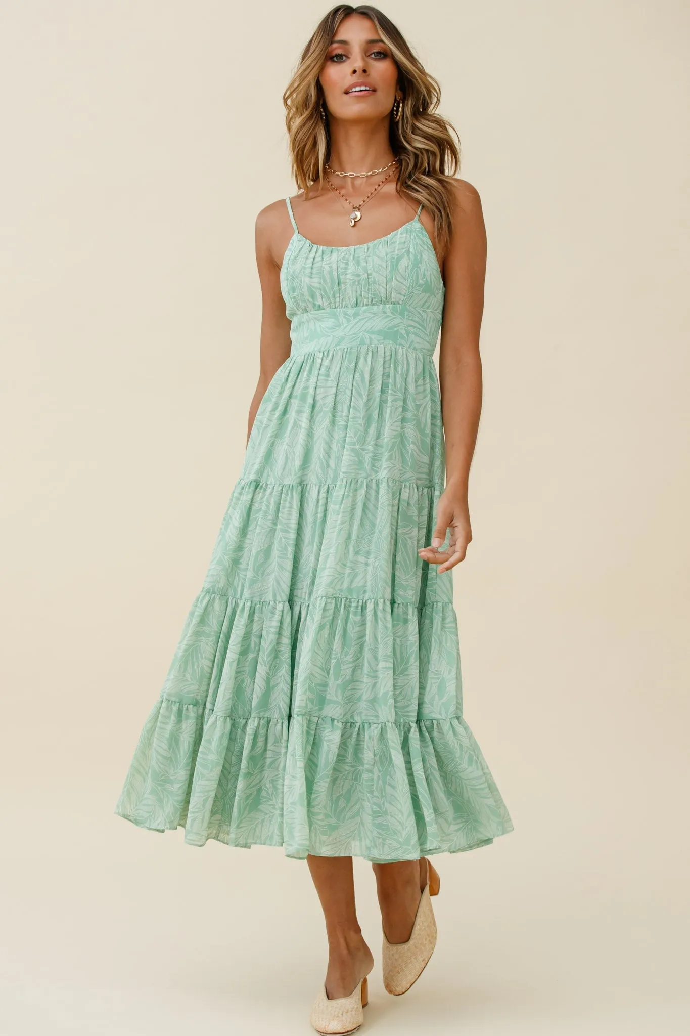 Eternal Sunshine Gathered Bust Maxi Dress Leaf Print Green