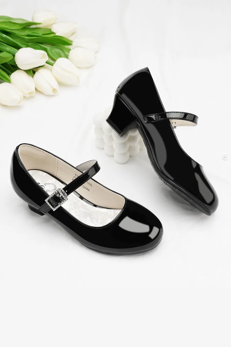 Girls Glossy Mary Jane Heels| Black School Uniform Dress Shoes