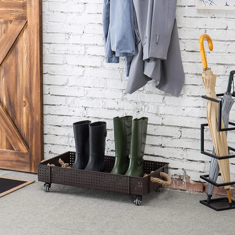 Industrial Brown Metal Rolling Shoe and Boot Cart Rack