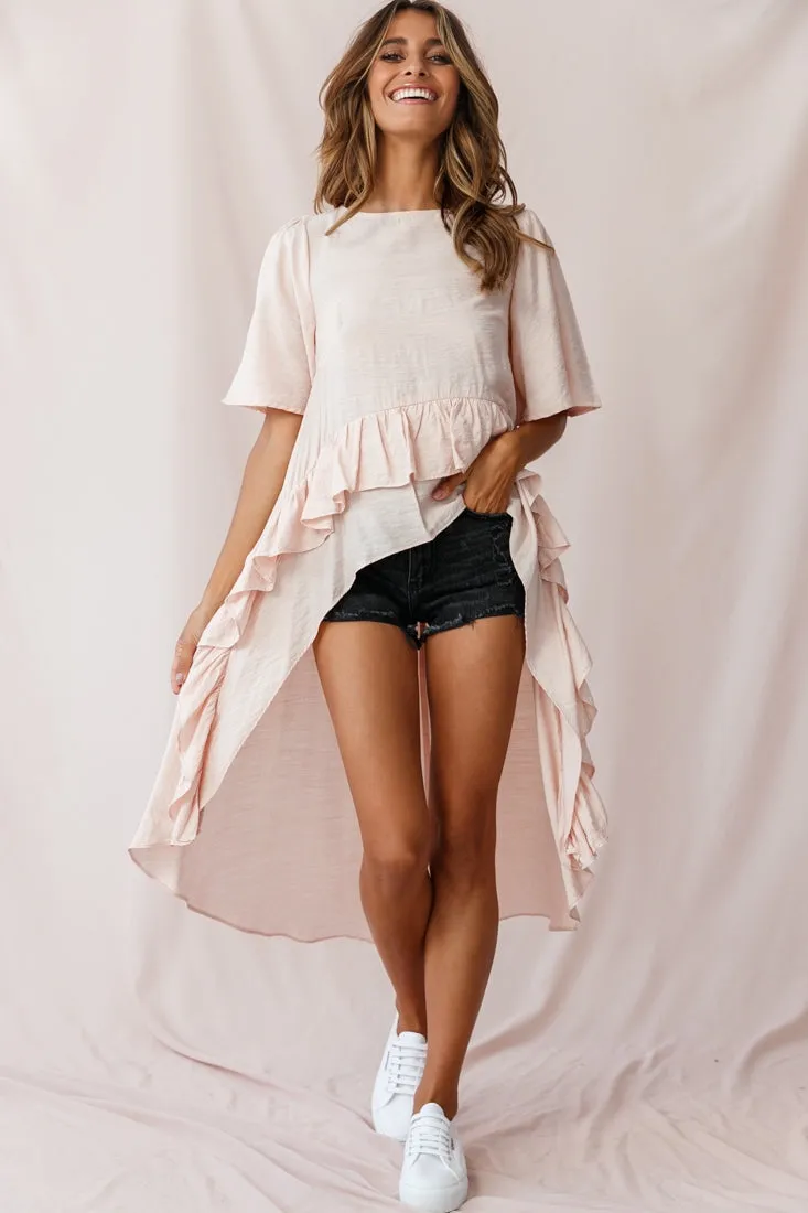 Kara High-Low Ruffle Trim Top Beige