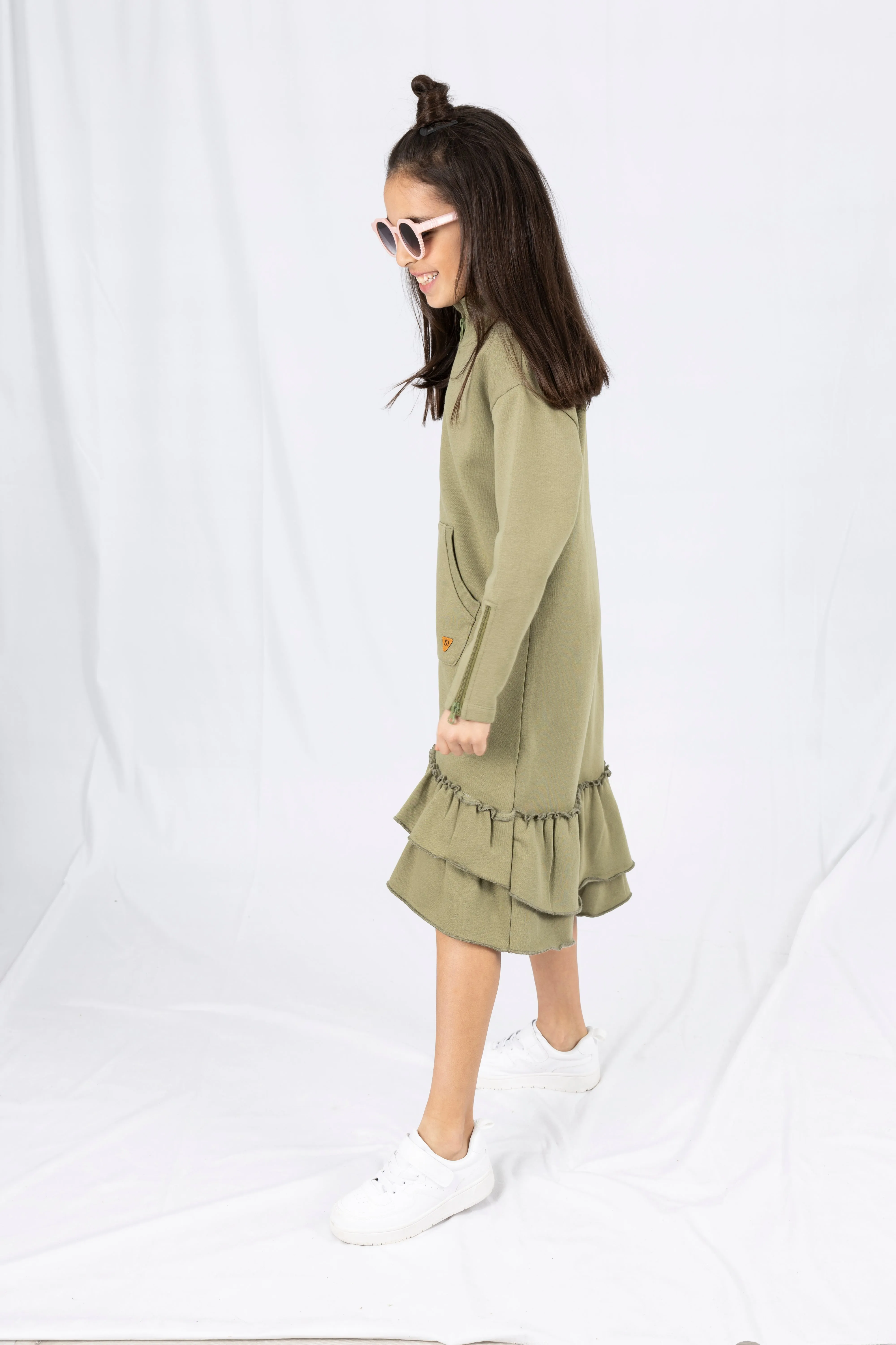 Kids Adaptive Dolman Sweatshirt Dress with Zipper & Cargo Pocket