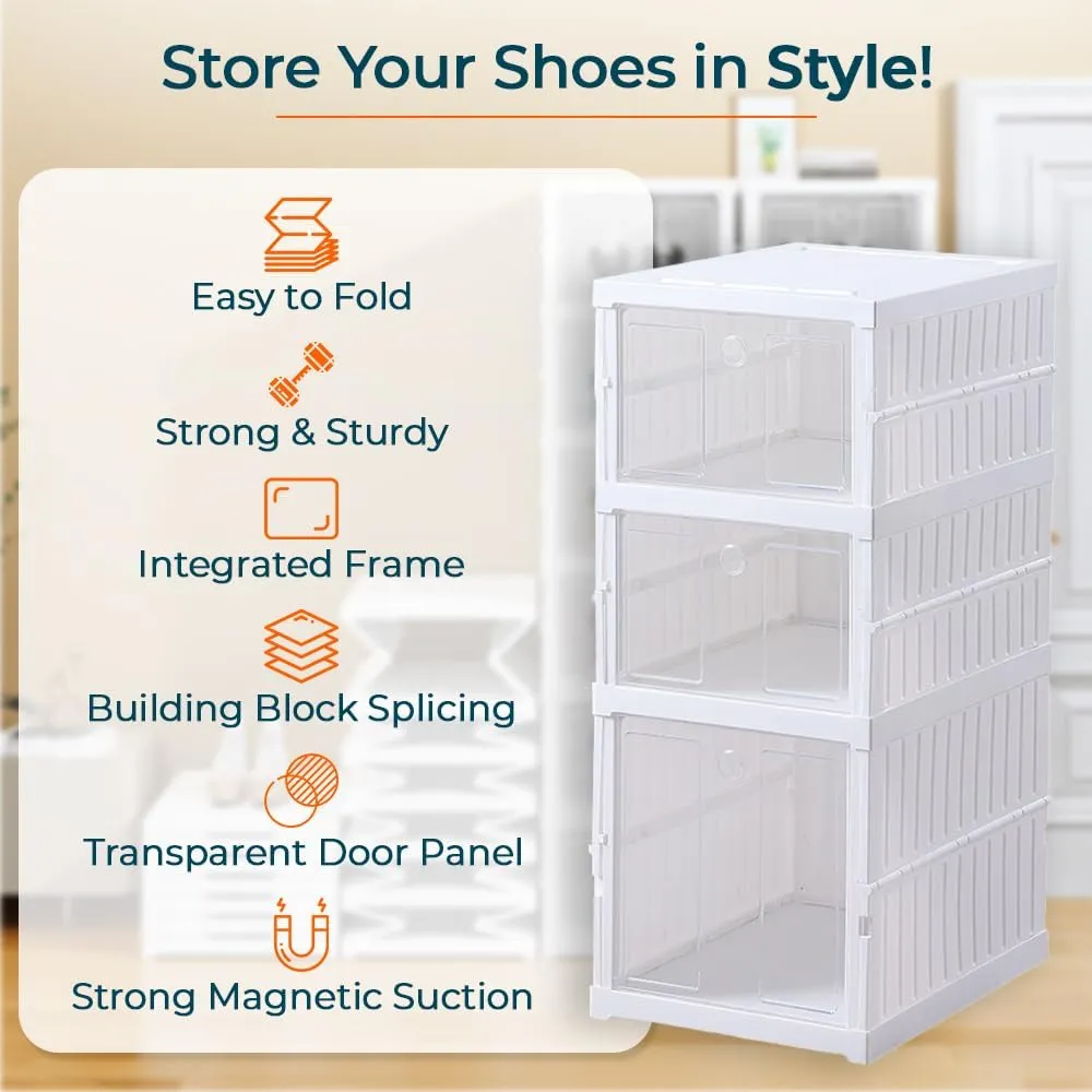 Kuber Industries 3 Layer Shoe Box for Storage|Multi-Purpose Plastic Shoe Rack|Installation Free Shoe Organizer|Pack of 4|White|