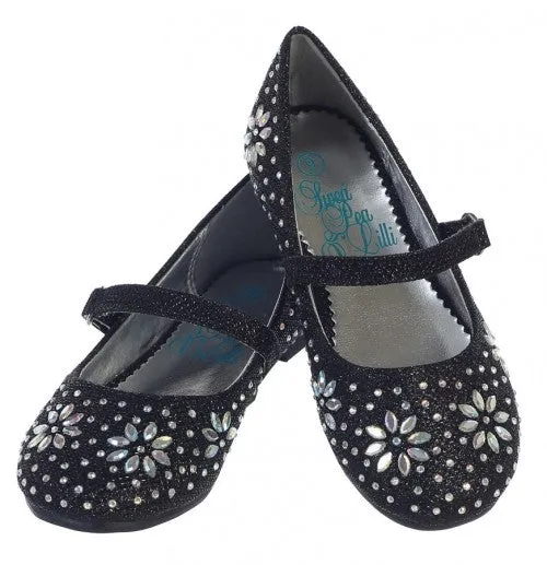 Little Girls Black Glitter Floral Stud Flat Shoes 5-10 Toddler