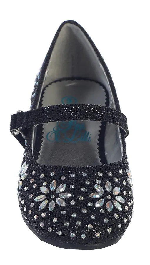 Little Girls Black Glitter Floral Stud Flat Shoes 5-10 Toddler