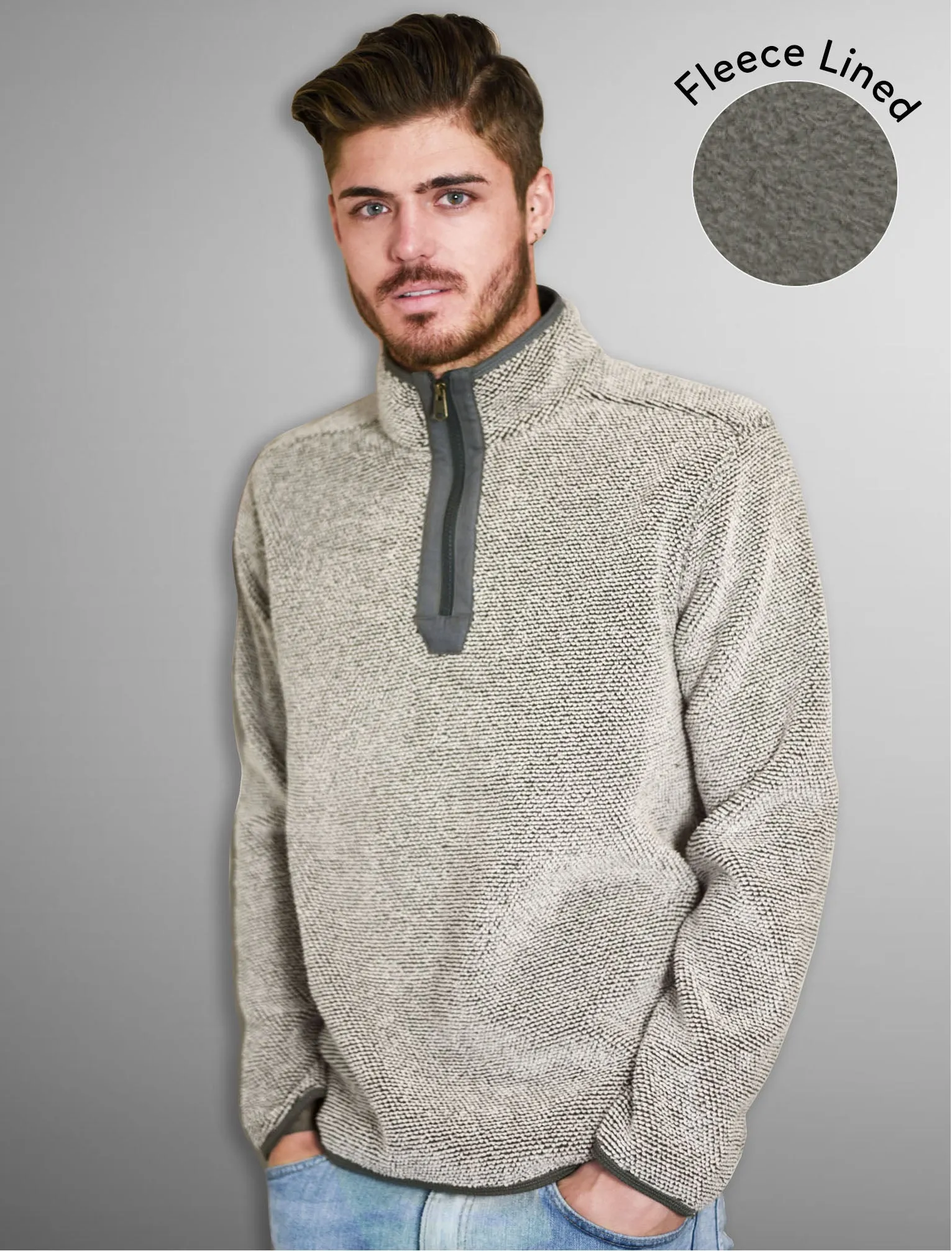 Micro Soft Jacquard Fleece Lined Bonded Pullover with Half Zip In Cream / Castlerock - Kensington Eastside