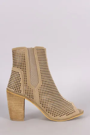 Perforated Peep Toe Chunky Heeled Booties