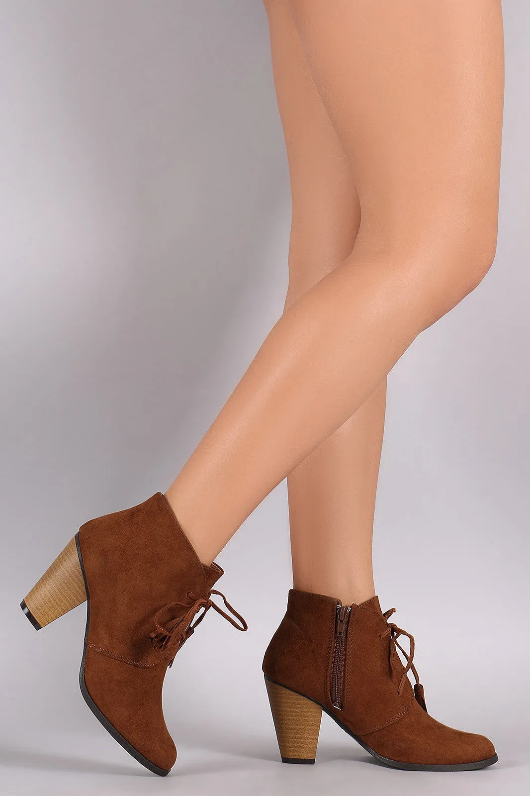 Qupid Suede Western Cowgirl Lace Up Ankle Boots