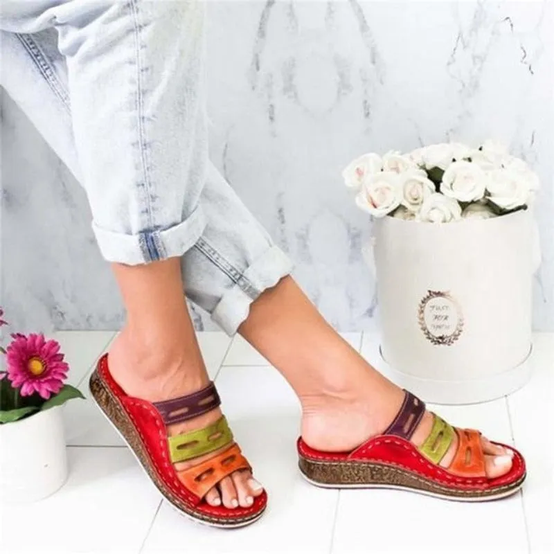 Slip-On Open Toe  Leather Platform Wedges