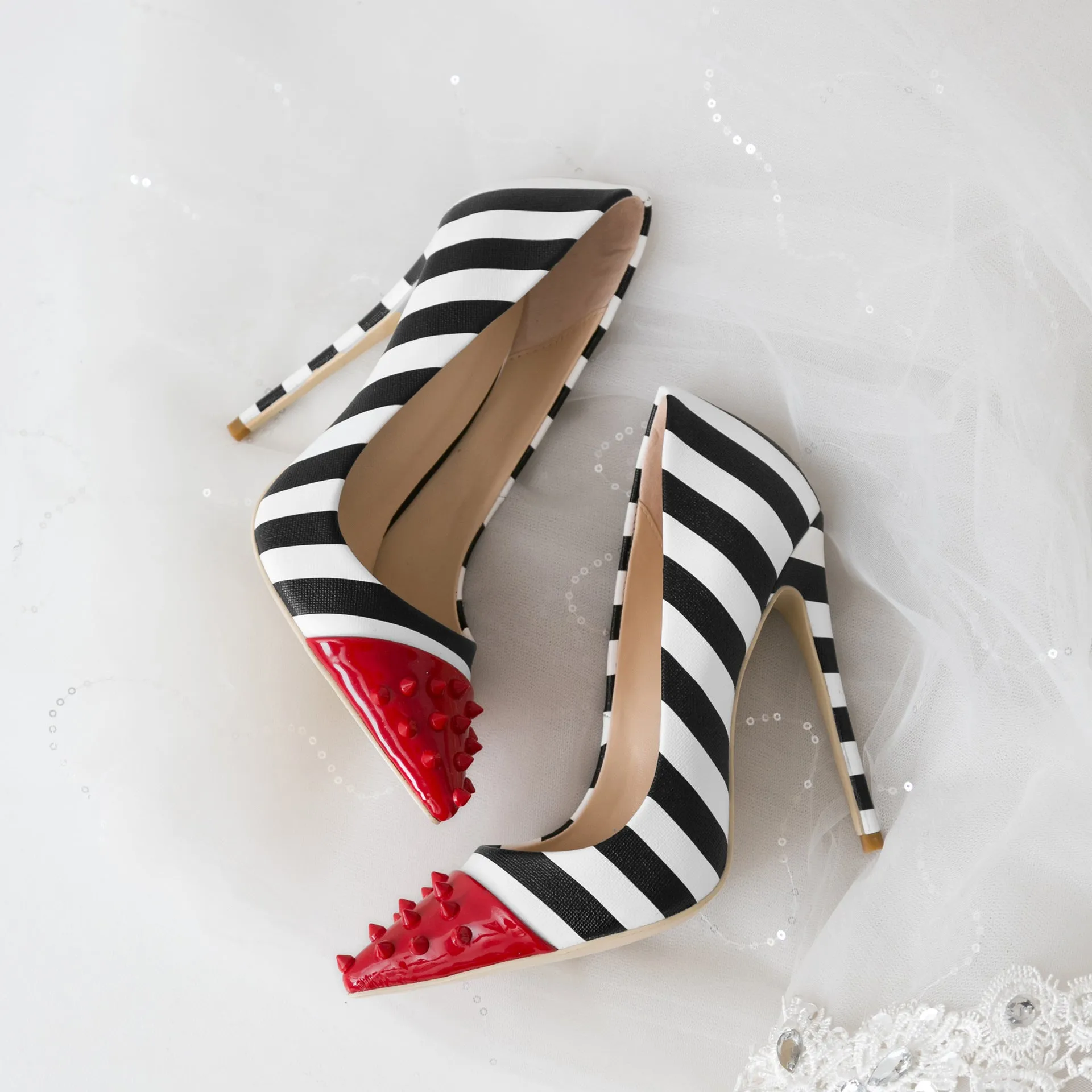 Studded Red Toe Black & White Zebra Striped Pumps