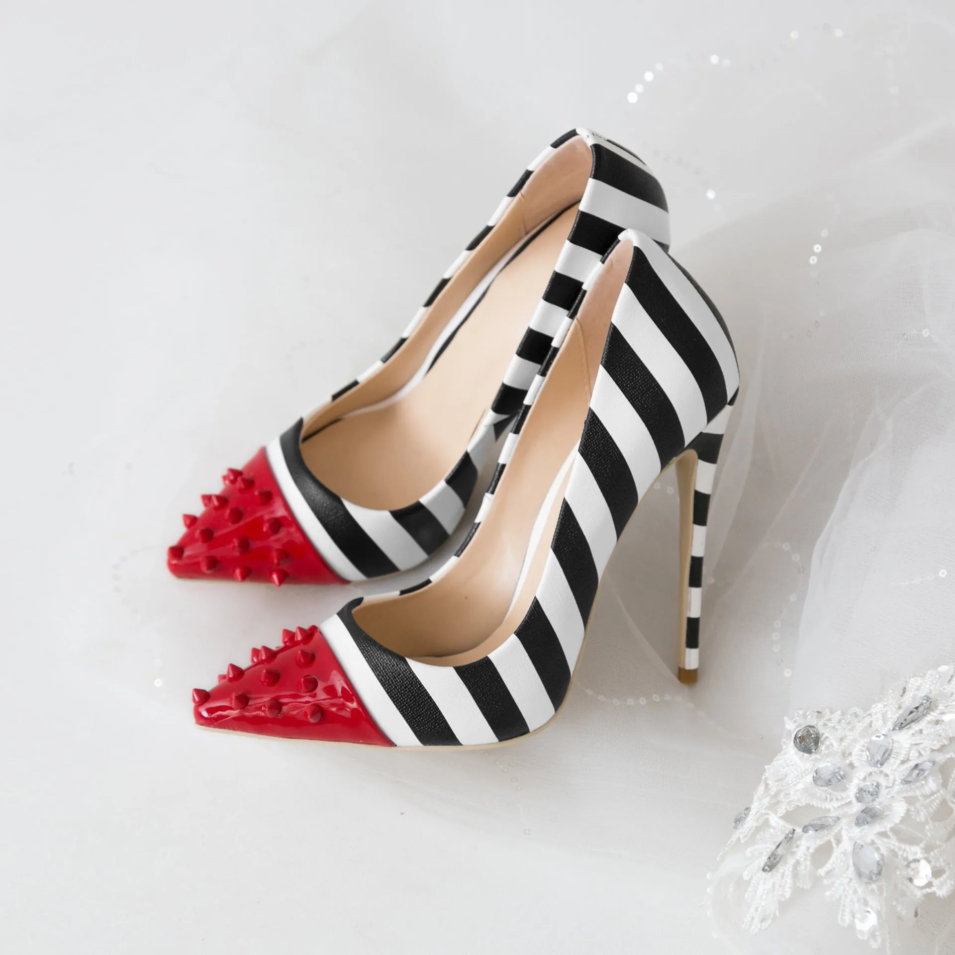 Studded Red Toe Black & White Zebra Striped Pumps