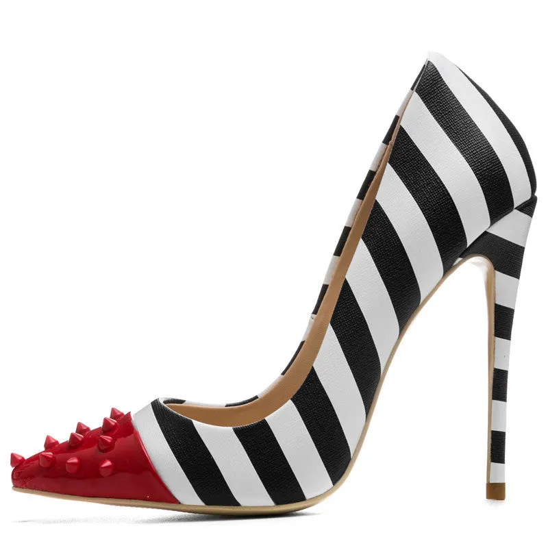 Studded Red Toe Black & White Zebra Striped Pumps