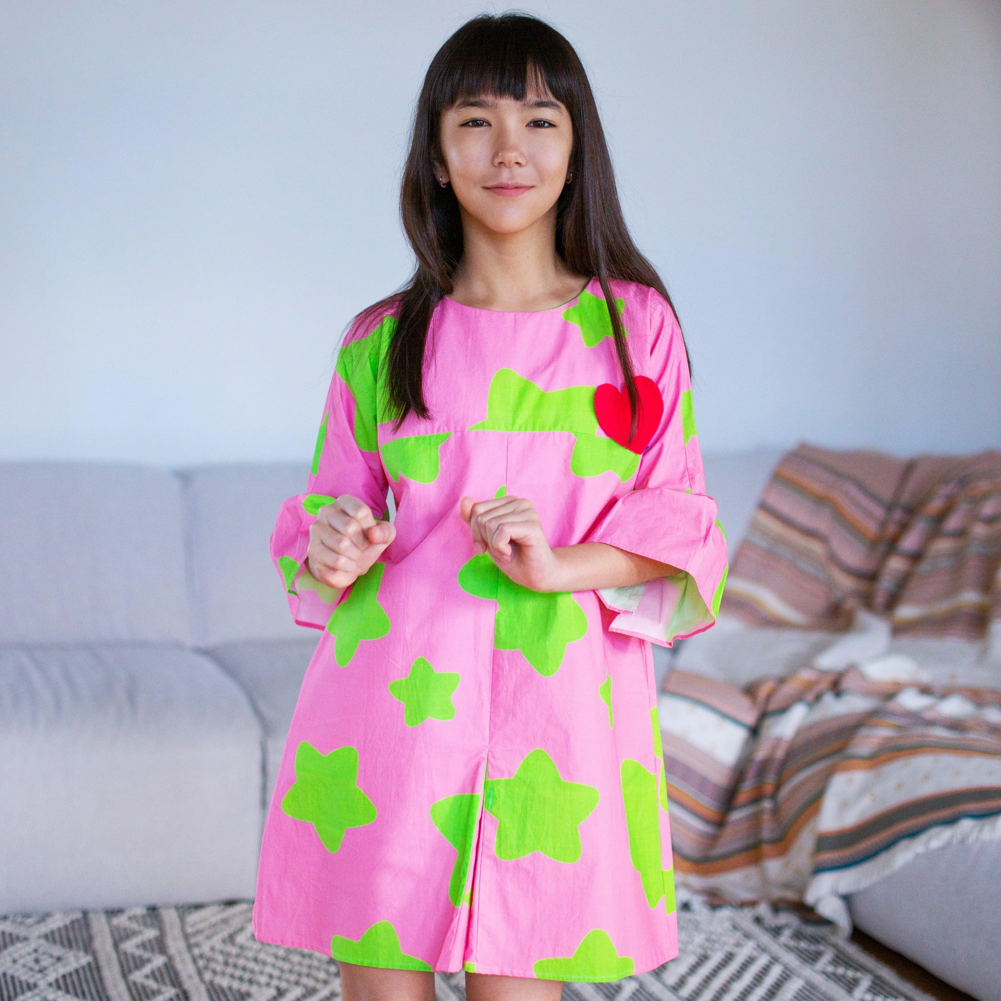 Sugar Rush- Frill Sleeves Pink Dress with Green Stars for Girls