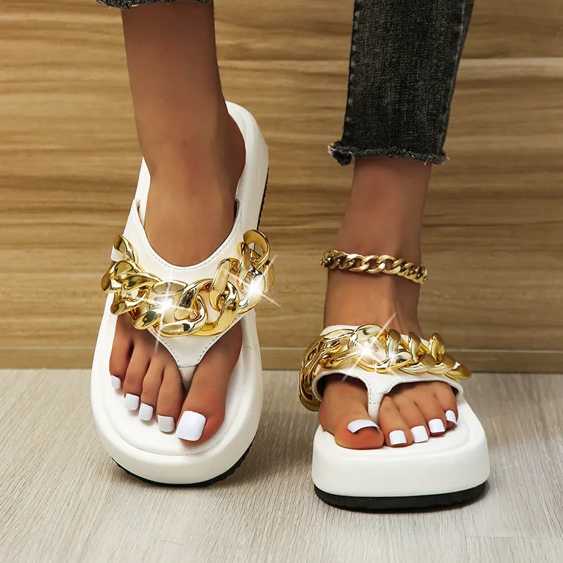 Summer Roman Fashion Metal Chain Decoration Thick Bottom Flip Flops