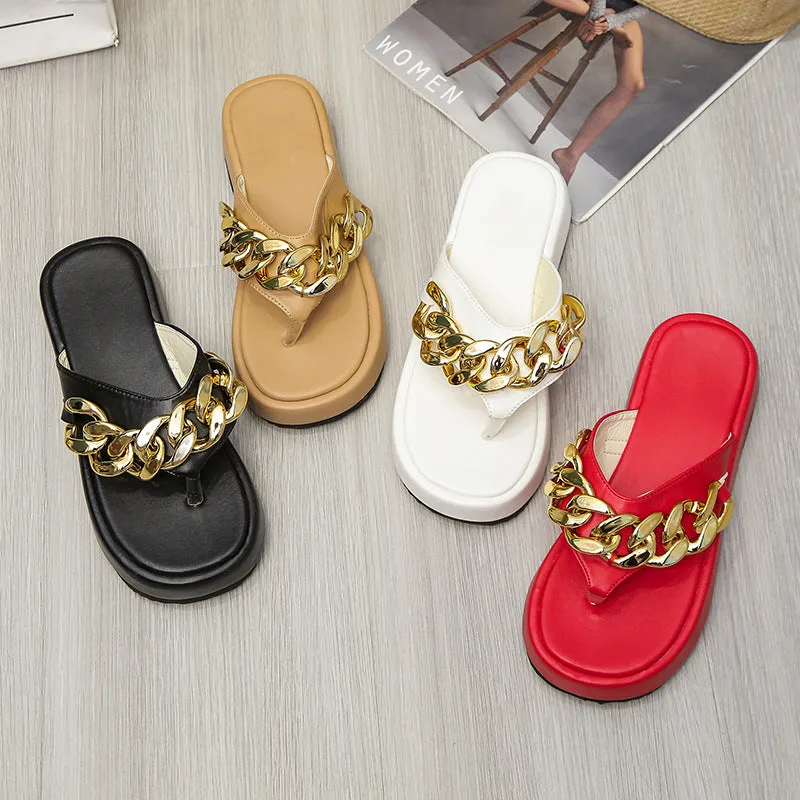 Summer Roman Fashion Metal Chain Decoration Thick Bottom Flip Flops