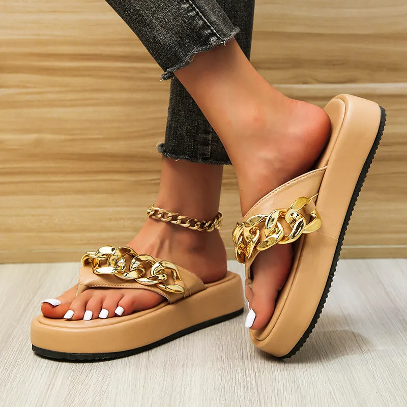 Summer Roman Fashion Metal Chain Decoration Thick Bottom Flip Flops