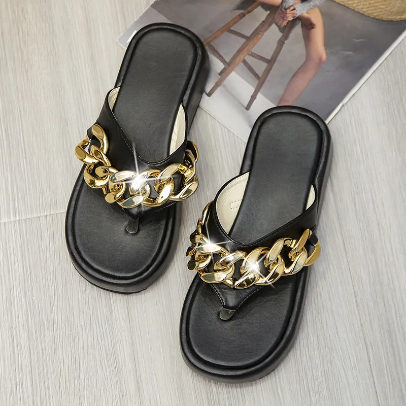 Summer Roman Fashion Metal Chain Decoration Thick Bottom Flip Flops