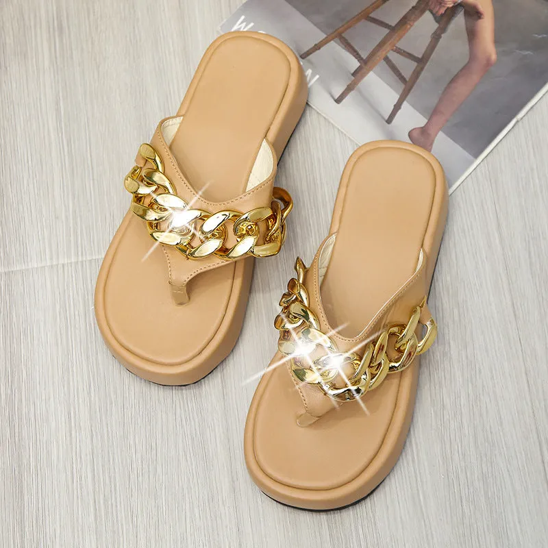 Summer Roman Fashion Metal Chain Decoration Thick Bottom Flip Flops