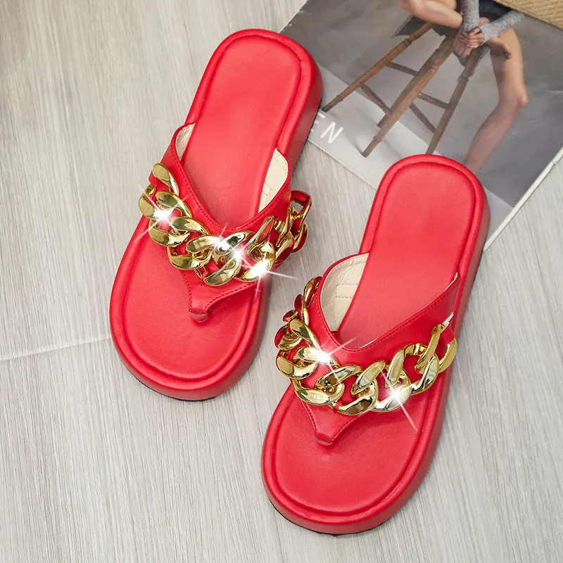 Summer Roman Fashion Metal Chain Decoration Thick Bottom Flip Flops