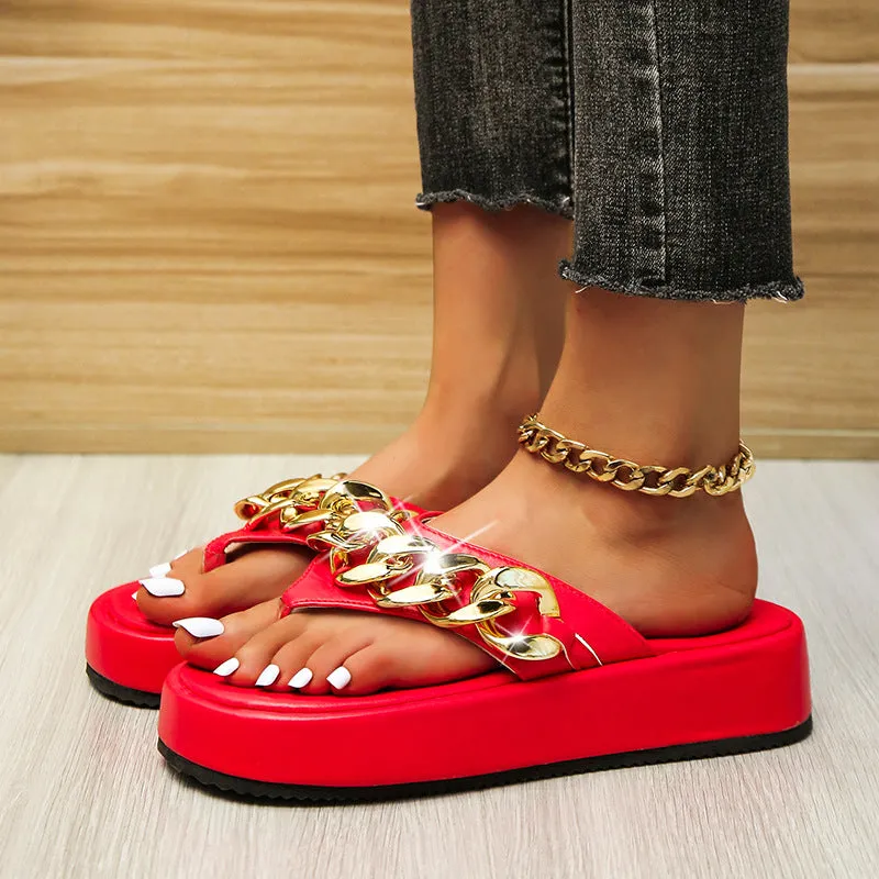 Summer Roman Fashion Metal Chain Decoration Thick Bottom Flip Flops