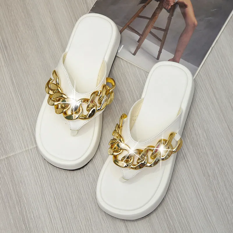 Summer Roman Fashion Metal Chain Decoration Thick Bottom Flip Flops