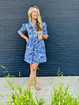 The Anndee short dress in blue and white porcelain block print